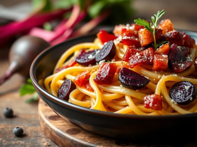 Volkorenpasta met bacon en geroosterde bieten — AI-gegenereerde illustratie