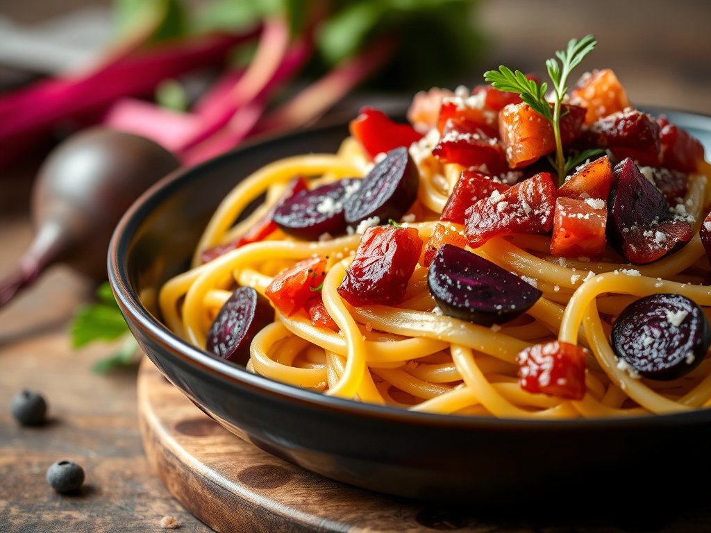 Volkorenpasta met bacon en geroosterde bieten, AI-gegenereerde illustratie