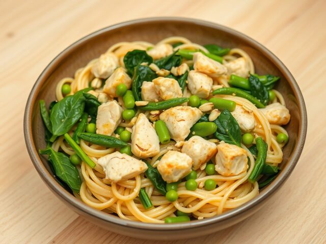 Volkorenpasta met kip en groene groenten