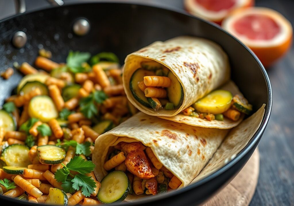 Volkorenwraps met wokgroenten — AI-gegenereerde illustratie
