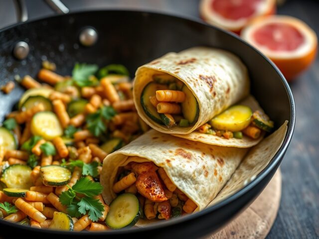 Volkorenwraps met wokgroenten — AI-gegenereerde illustratie