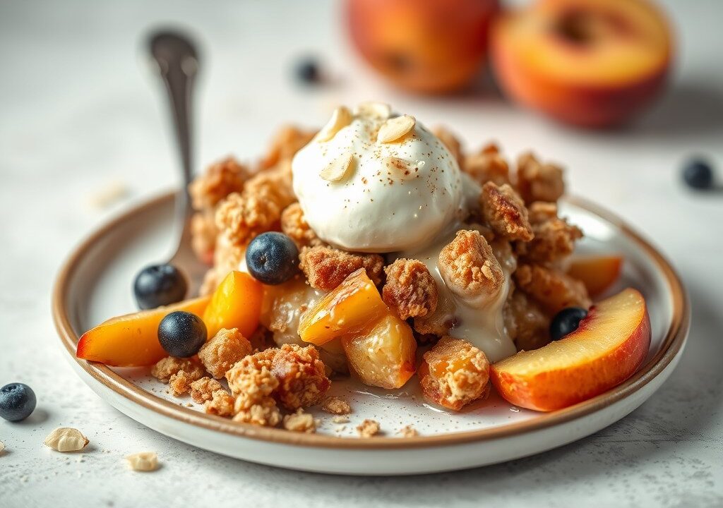Vruchten crumble met amandelroom, gebruineerde ama, AI-gegenereerde illustratie