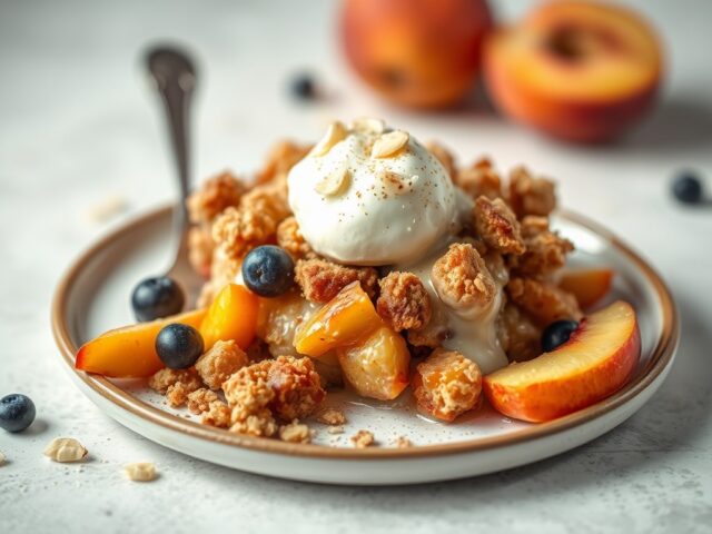 Vruchten crumble met amandelroom, gebruineerde ama
