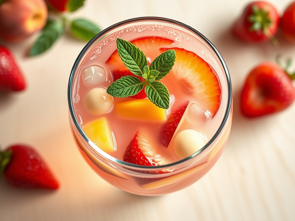 Vruchtenbowl met rosé, AI-gegenereerde illustratie