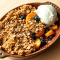 Vruchtencrumble met amandelroom, gebruineerde amandelen en vanilleijs
