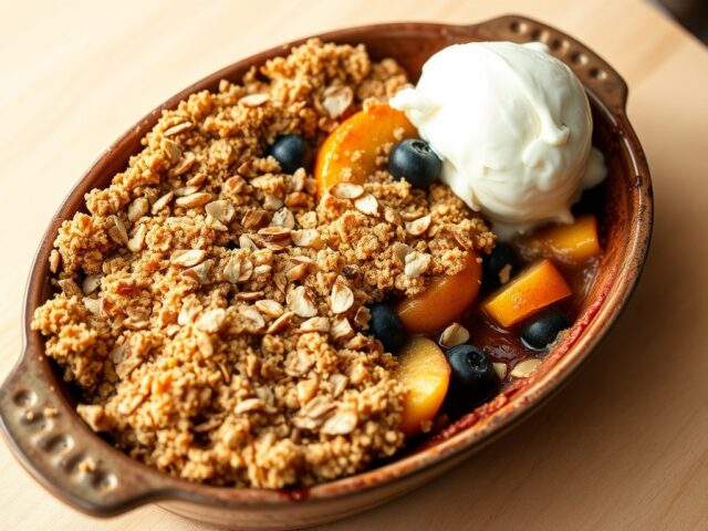 Vruchtencrumble met amandelroom, gebruineerde amandelen en vanilleijs
