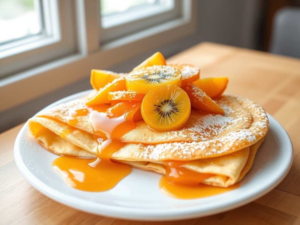Vruchtenpannenkoek met sinaasappelmarmelade, AI-gegenereerde illustratie