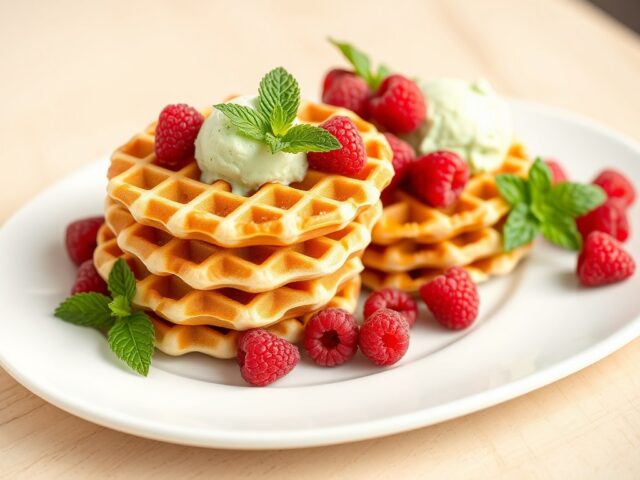 wafels met frambozen muntijs
