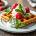 wafels met frambozenmuntijs