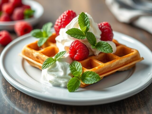 wafels met frambozenmuntijs
