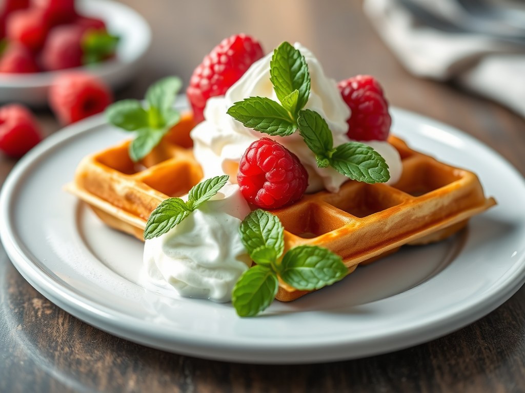 wafels met frambozenmuntijs, AI-gegenereerde illustratie