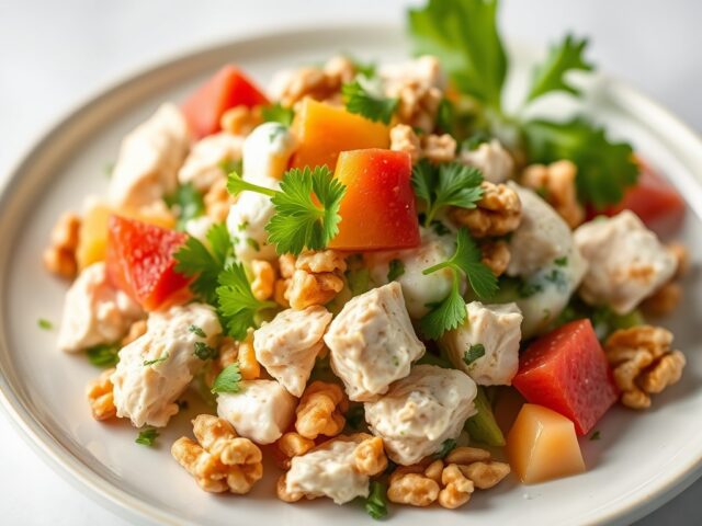 Waldorff salade met kip, walnoten en ananas — AI-gegenereerde illustratie