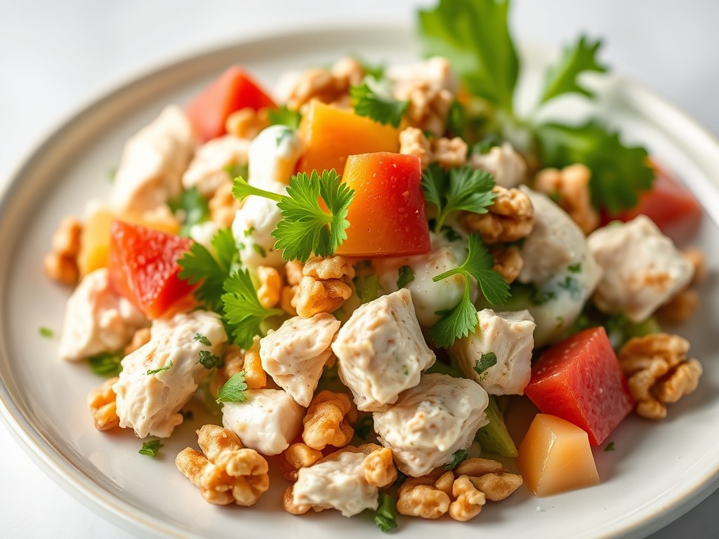 Waldorff salade met kip, walnoten en ananas, AI-gegenereerde illustratie
