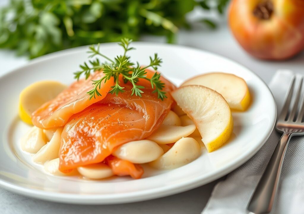 Waldorfsla met zalm, AI-gegenereerde illustratie