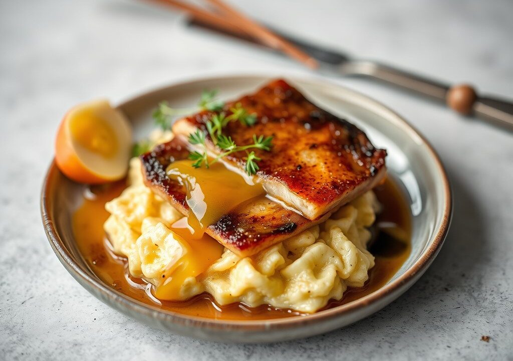 Warm gerookte palingfilet met roerei ( zie opm), AI-gegenereerde illustratie