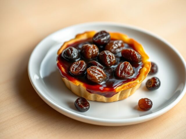 Warm kaasbiscuittaartje met rozijnen in rode ports