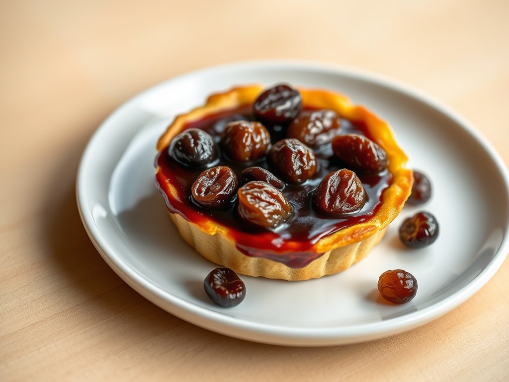 Warm kaasbiscuittaartje met rozijnen in rode ports, AI-gegenereerde illustratie