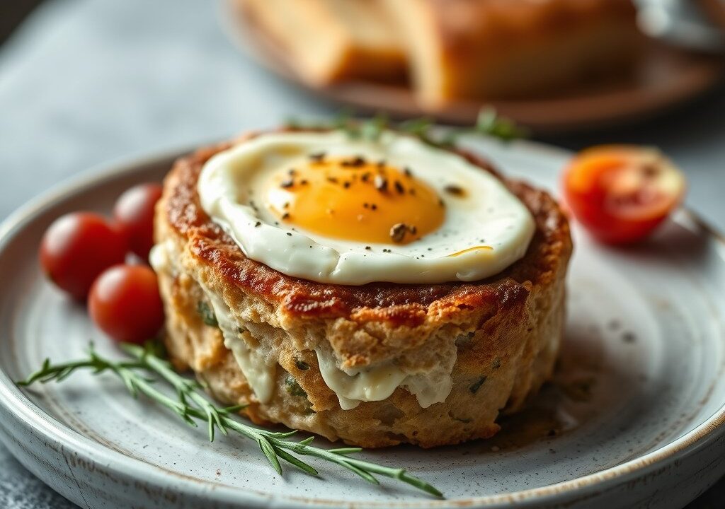 Warm Roggebroodtaart met Roquefort en Roquefortsau, AI-gegenereerde illustratie