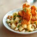 Warme aardappelsalade met gefrituurde reepjes kabeljauwfilet