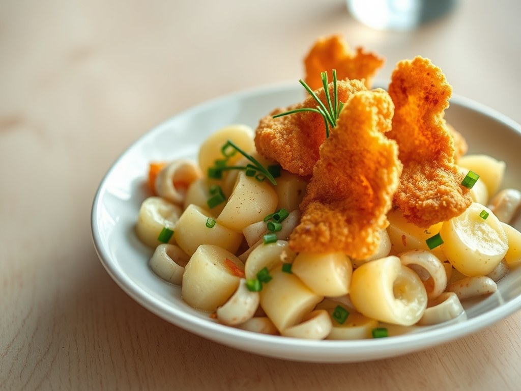 Warme aardappelsalade met gefrituurde reepjes kabeljauwfilet, AI-gegenereerde illustratie