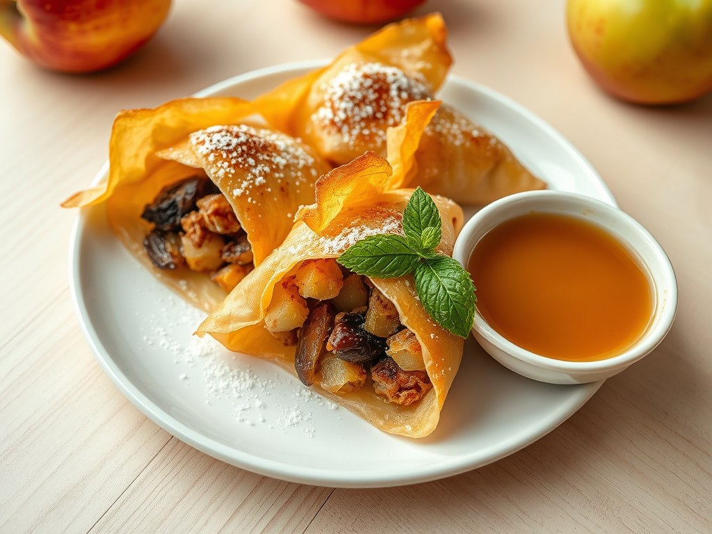 Warme appelpakketjes met appelsaus, AI-gegenereerde illustratie