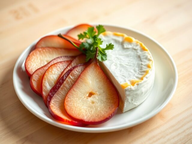 Warme brie met een waaier van gepocheerde peer
