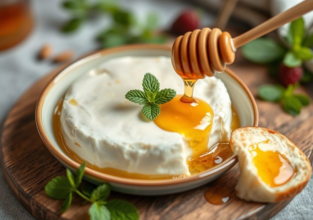 Warme brie met honing, AI-gegenereerde illustratie