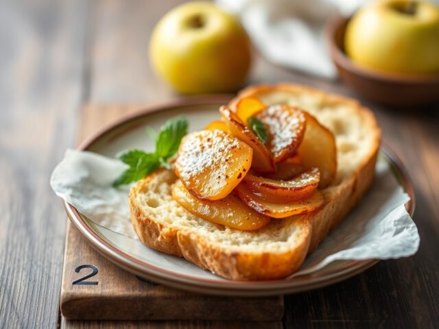 Warme brioche met gebakken appel en peer — AI-gegenereerde illustratie