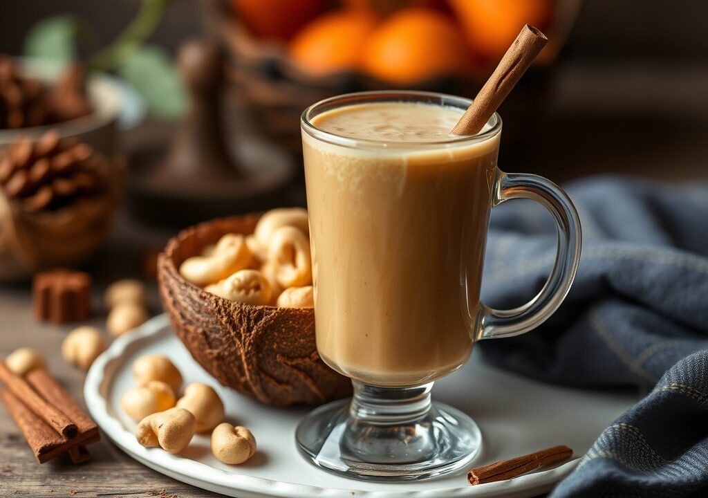 Warme cashewkokosdrank, AI-gegenereerde illustratie