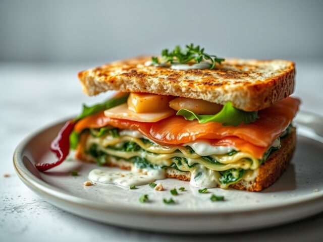 Warme clubsandwich van lasagne met gebakken scampi