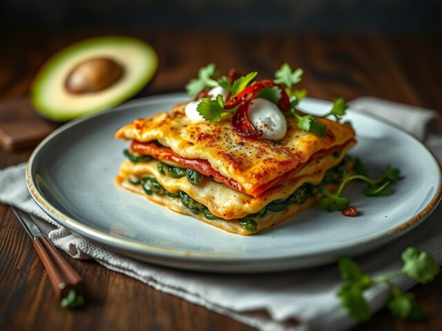 Warme “clubsandwlch” van lasagne met gebakken scam