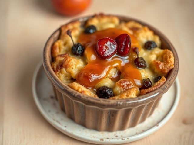 Warme fruit-broodpudding met abrikozensaus