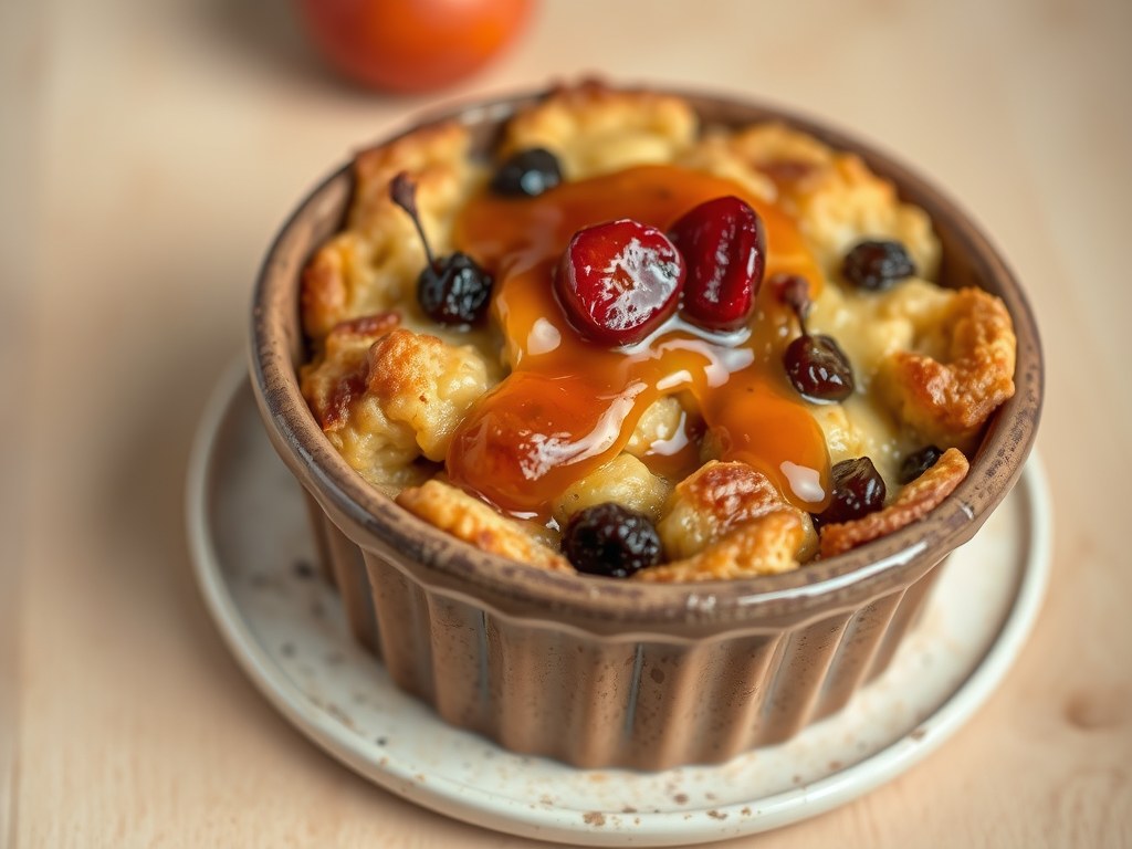 Warme fruit-broodpudding met abrikozensaus, AI-gegenereerde illustratie