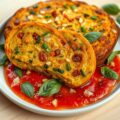 Warme groentecake met tomaten-basilicumsaus