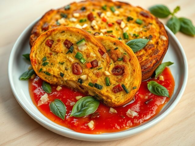 Warme groentecake met tomaten-basilicumsaus
