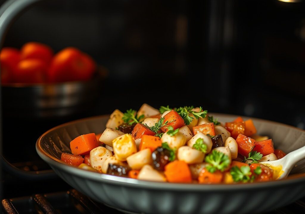 warme groenten salade uit de oven, AI-gegenereerde illustratie