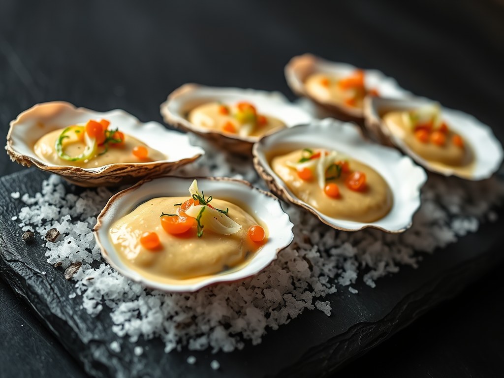 Warme oesters met venkel en kerrie, AI-gegenereerde illustratie