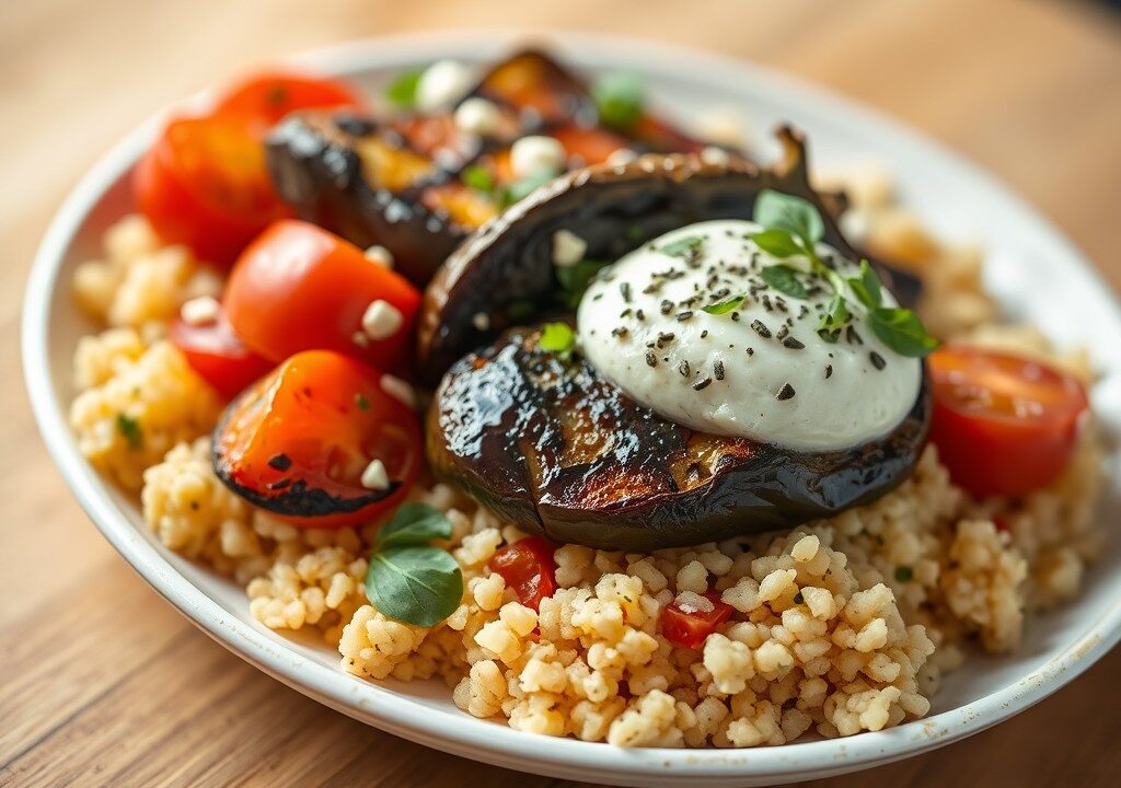 Warme salade met geroosterde aubergine, AI-gegenereerde illustratie