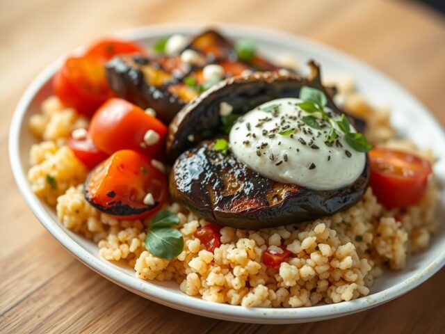 Warme salade met geroosterde aubergine — AI-gegenereerde illustratie
