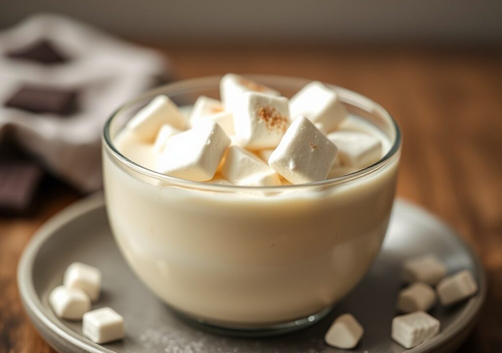 Warme witte chocolademelk met kruidige kardemomsla, AI-gegenereerde illustratie