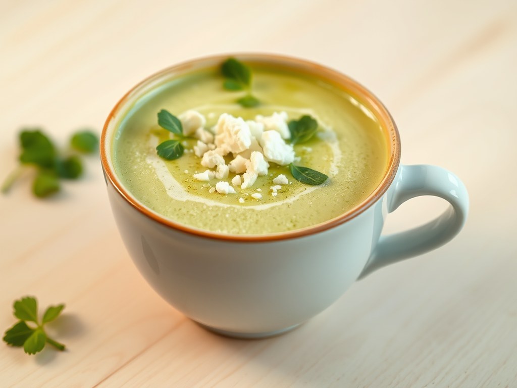 Waterkerscappuccino met geitenkaas, AI-gegenereerde illustratie