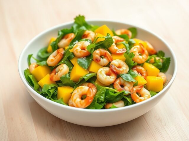 Waterkerssalade met Hollandse garnalen en mango