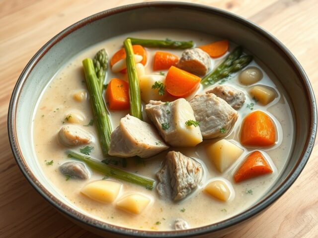 Waterzooi met parelhoen en asperges