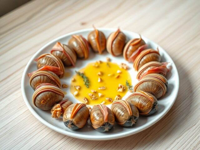 Wijngaardslakken met walnoten en parmaham en kruidebotersaus