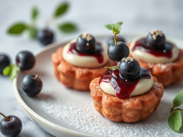 Wijnstoofpeertjes met creme de cassis — AI-gegenereerde illustratie
