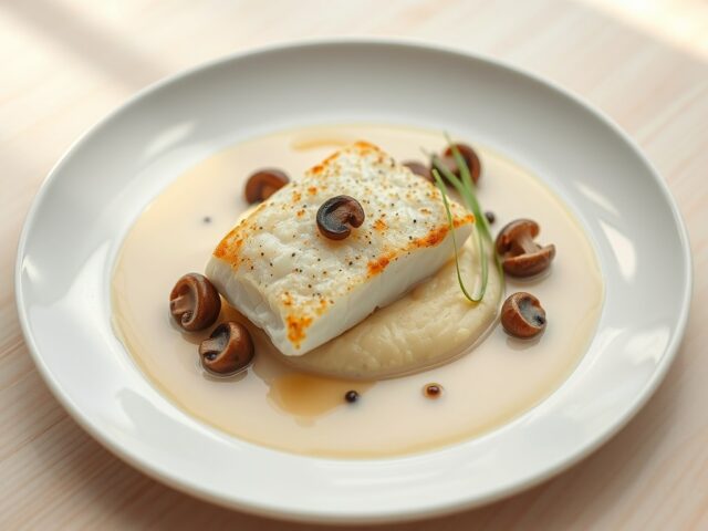 Wijting met eekhoorntjesbrood, knolselderpuree en kalfsfond