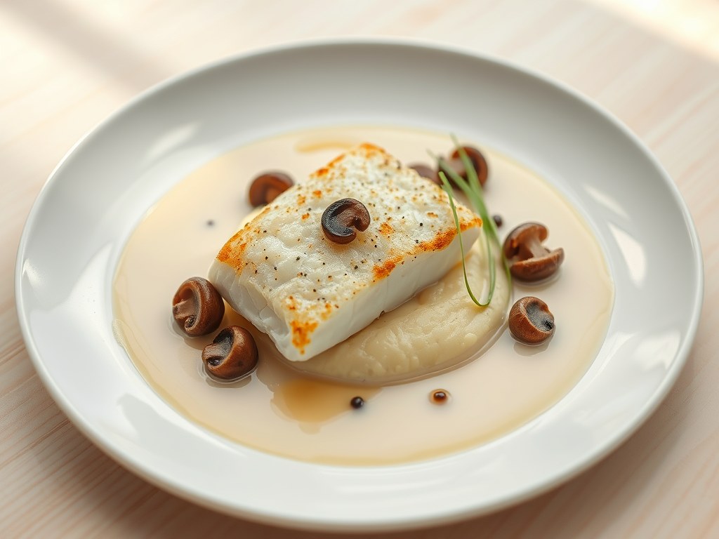 Wijting met eekhoorntjesbrood, knolselderpuree en kalfsfond, AI-gegenereerde illustratie