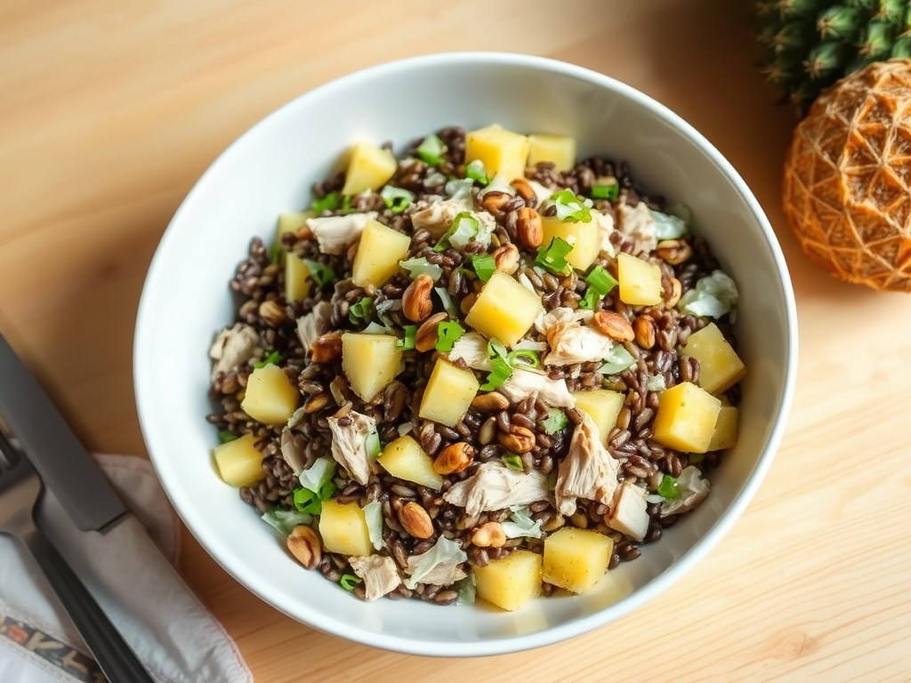 Wilde rijstsalade met kalkoen en ananas, AI-gegenereerde illustratie