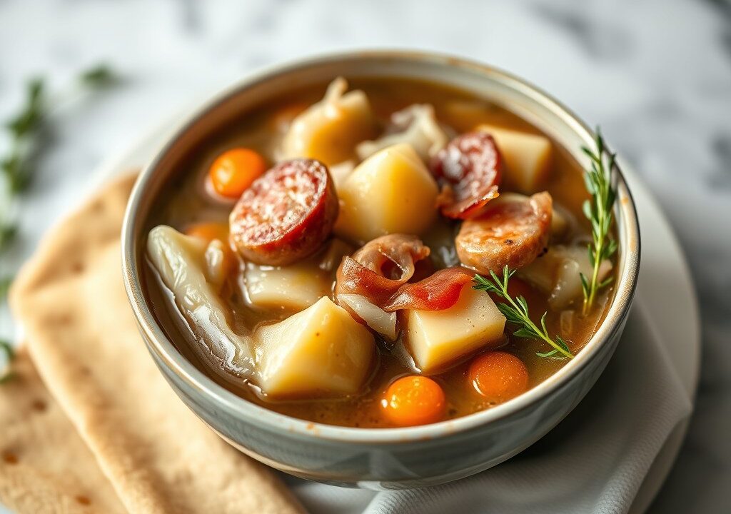 Wintergroentensoep met worst, aardappel en spekjes — AI-gegenereerde illustratie