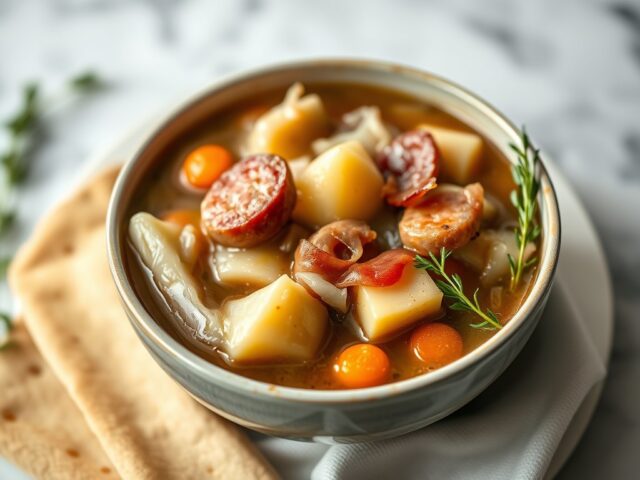 Wintergroentensoep met worst, aardappel en spekjes — AI-gegenereerde illustratie